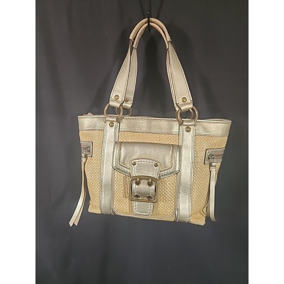 Coach Legacy Straw & Leather Satchel Tote Handbag Metallic Gold Cream M05K-113 - Picture 1 of 16